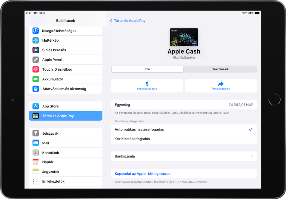 Az Apple Cash-kártya részleteket megjelenítő képernyője; a Pénz hozzáadása és az Átutalás bankba gomb a jobb oldalon látható középen az egyenleg felett.