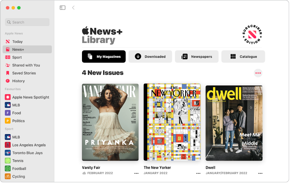 The Apple News window showing News+ selected in the sidebar. In the Apple News+ Library on the right, the collection My Magazines is selected. Below the title 4 New Issues, issues are arranged in a grid.