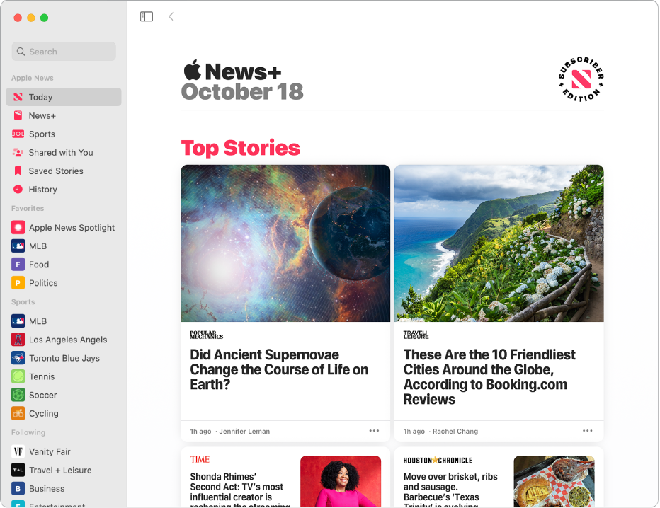 The Apple News window with the sidebar on the left and Top Stories on the right.