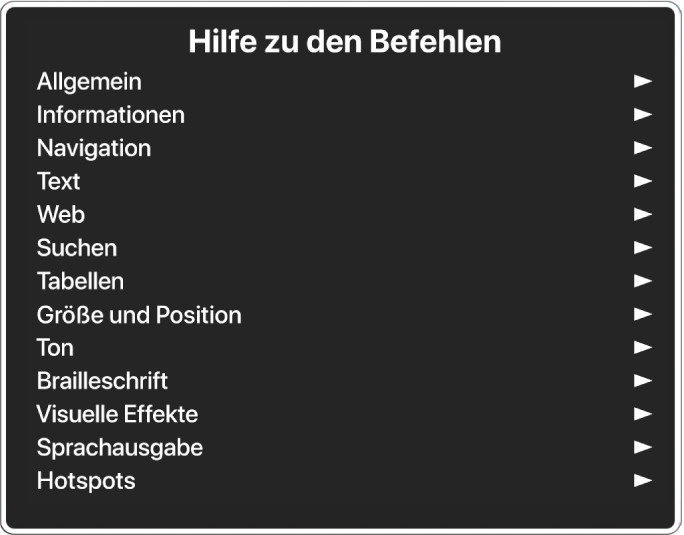 Das Menü „Hilfe“ ist ein Panel, das Befehlskategorien auflistet und dabei mit der Kategorie „Allgemein“ beginnt und mit der Kategorie „Hot-Spots“ endet. Rechts neben jedem Objekt in der Liste befindet sich ein Pfeil, der zu einem Untermenü führt.