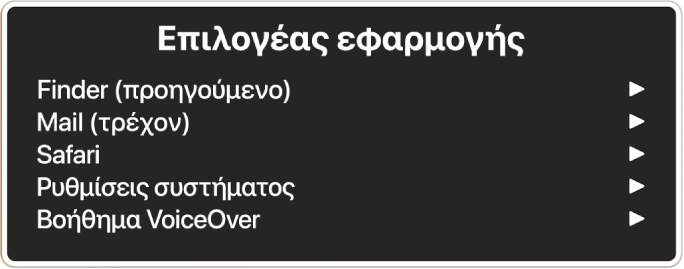 Ο Επιλογέας εφαρμογών που εμφανίζει πέντε ανοιχτές εφαρμογές, συμπεριλαμβανομένων του Finder και των Ρυθμίσεων συστήματος. Στα δεξιά κάθε στοιχείου της λίστας υπάρχει ένα βέλος.