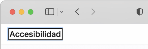 El cursor de VoiceOver, un contorno rectangular obscuro, enfocado en la palabra Accesibilidad en la pantalla.