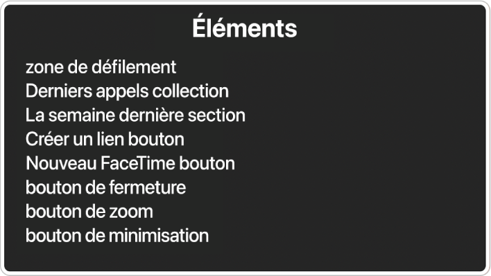 Le sélecteur d’élément est une sous-fenêtre qui répertorie des éléments, notamment une zone de défilement et un bouton de fermeture.