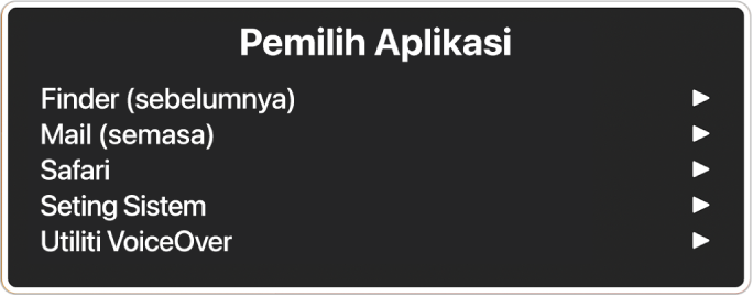 Pemilih Aplikasi menyenaraikan lima aplikasi terbuka, termasuk Finder dan Seting Sistem. Di sebelah kanan setiap item dalam senarai adalah anak panah.