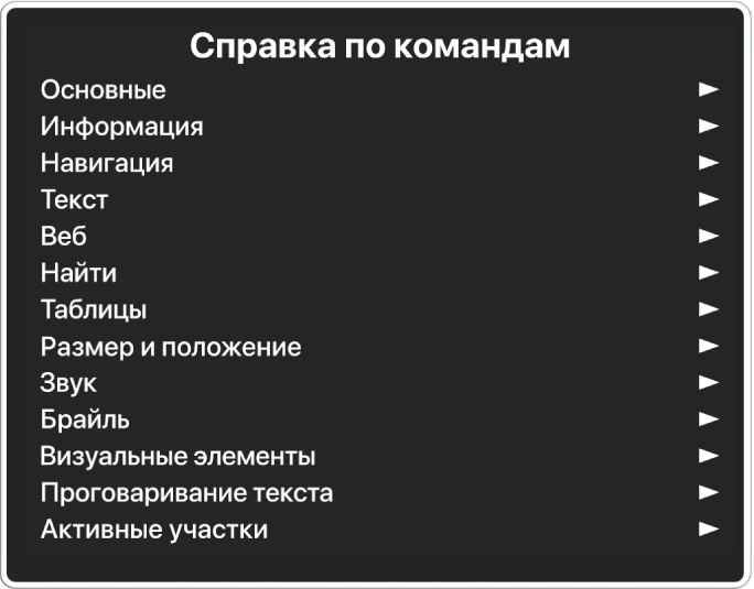 Меню «Справка по командам» представляет собой панель с перечислением категорий команд: от категории «Основные» до категории «Активные участки». Справа от каждого объекта в списке показана стрелка для отображения подменю объекта.