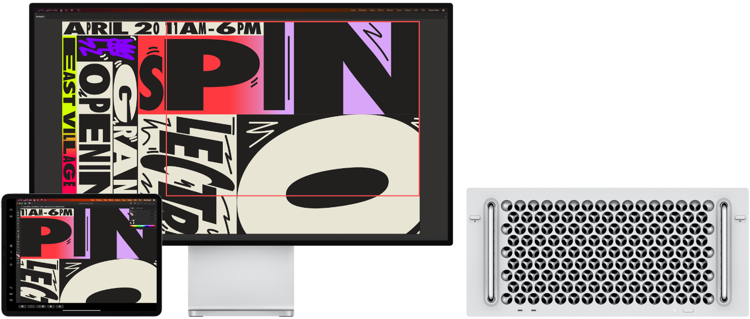 كمبيوتر Mac Pro وجهاز iPad جنبًا إلى جنب. يعرض الـ Mac Pro عملاً فنيًا داخل نافذة المتصفح في Illustrator. يعرض الـ iPad نفس العمل الفني في نافذة مستند في Illustrator، محاطًا بأشرطة أدوات.