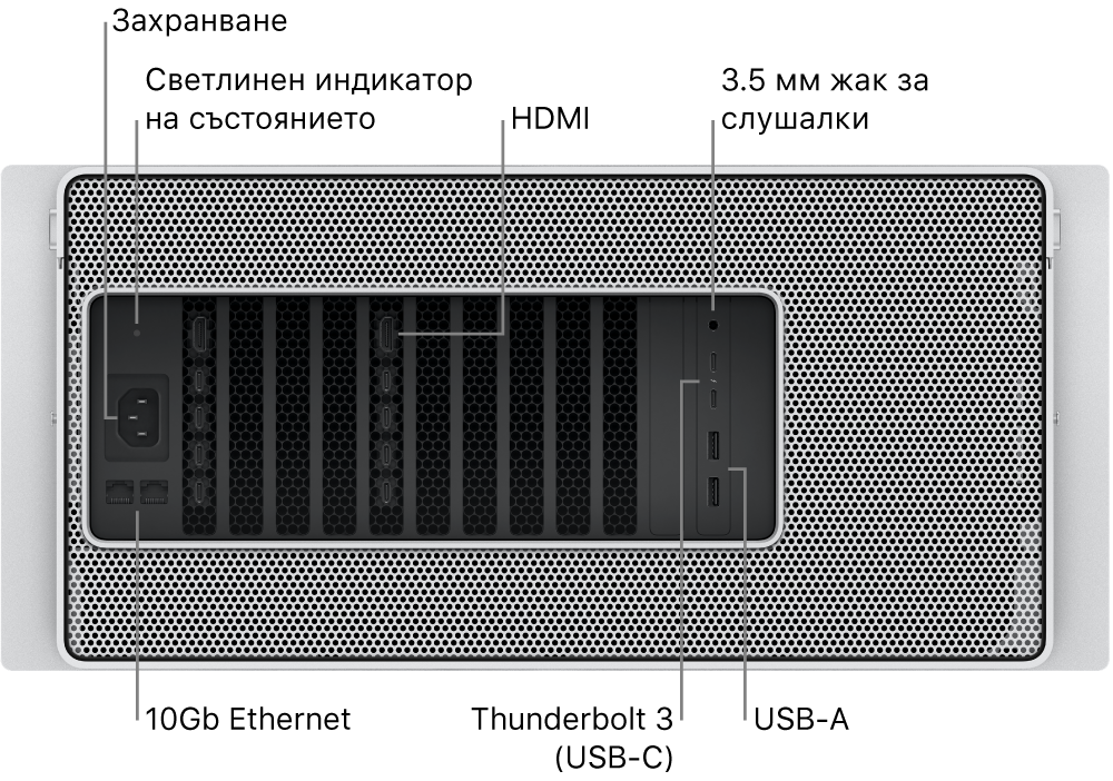 Изглед отзад на Mac Pro, който показва порта за захранване, светлина на индикатора на състоянието, два HDMI порта, 3.5 мм жак за слушалки, два 10 Gigabit Ethernet порта, два Thunderbolt 3 (USB-C) порта и два USB-A порта.