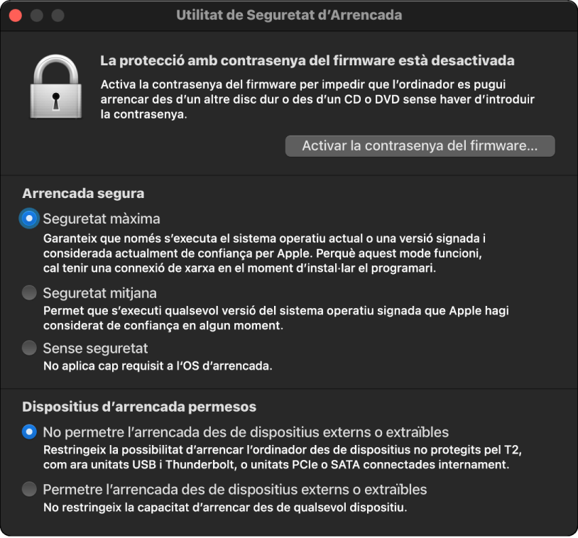 A la finestra de la Utilitat Seguretat d‘Arrencada, s’ha marcat una opció d’arrencada segura i una opció d’arrancada externa.