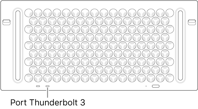 Vista zenital del Mac Pro, en què s’assenyala quin és el port Thunderbolt 3 que s’ha d’utilitzar.