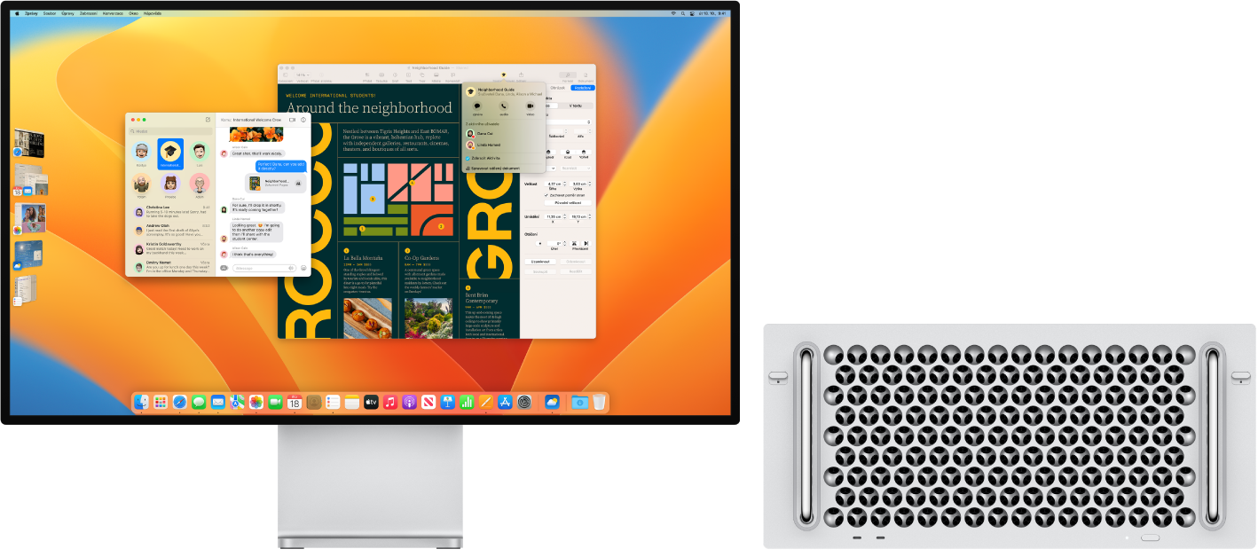 Mac Pro s připojeným monitorem Pro Display XDR, na kterém se zobrazuje plocha s Ovládacím centrem a několika otevřenými aplikacemi