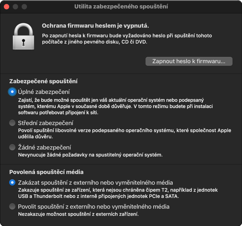Otevřené okno Utility zabezpečeného spouštění se zaškrtnutými volbami zabezpečeného spouštění a externího spouštění
