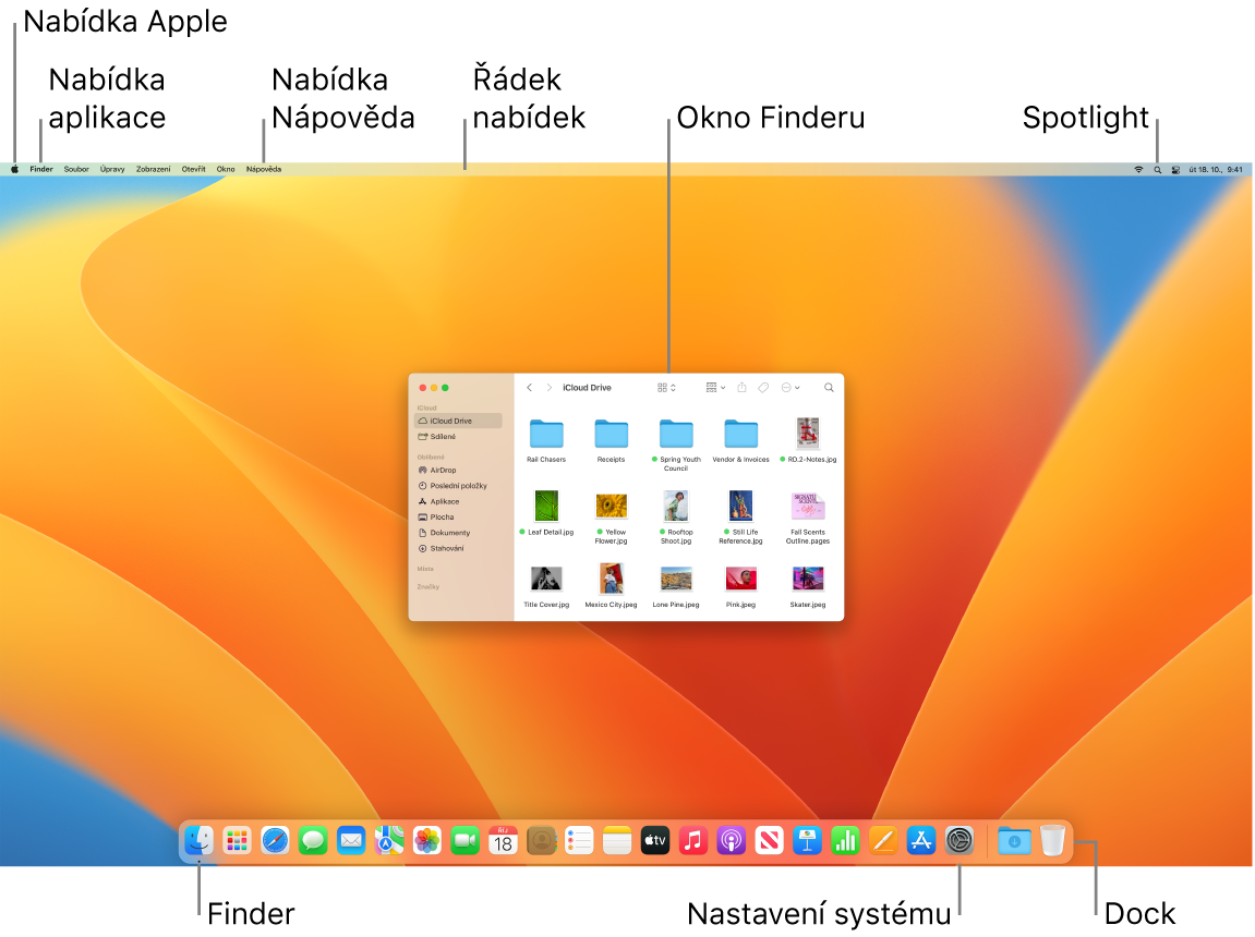 Obrazovka Macu s nabídkou Apple, nabídkou Aplikace a nabídkou Nápověda, řádkem nabídek, oknem Finderu, ikonami Spotlightu, Finderu a Nastavení systému a s Dockem