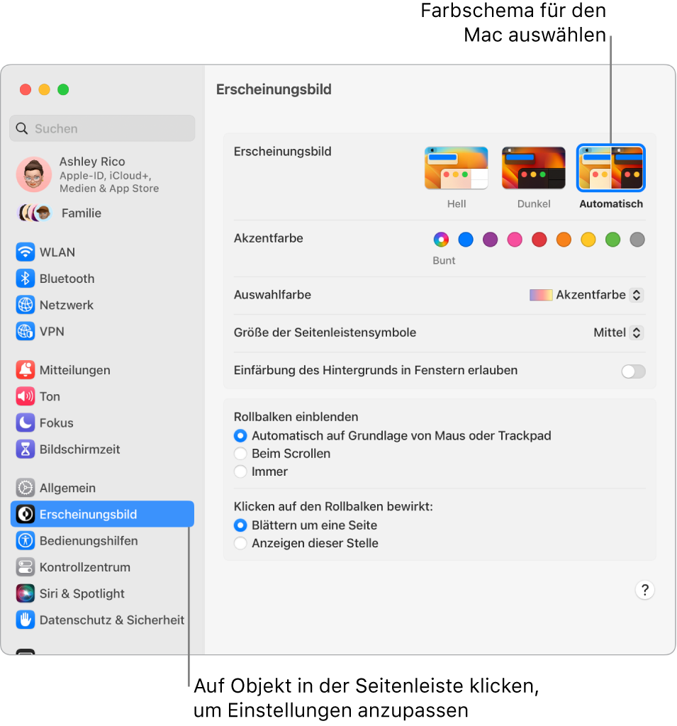 Die Einstellungen „Erscheinungsbild“ in den Systemeinstellungen.