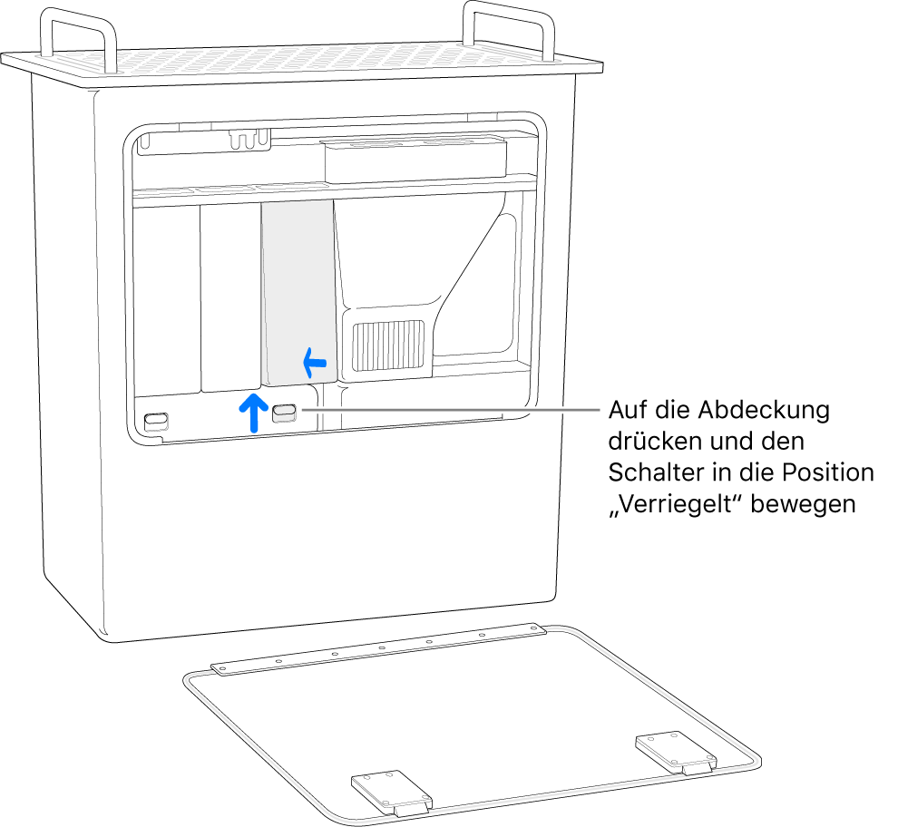 Der Mac Pro steht hochkant und es wird gezeigt, wie der DIMM-Schalter verriegelt wird.