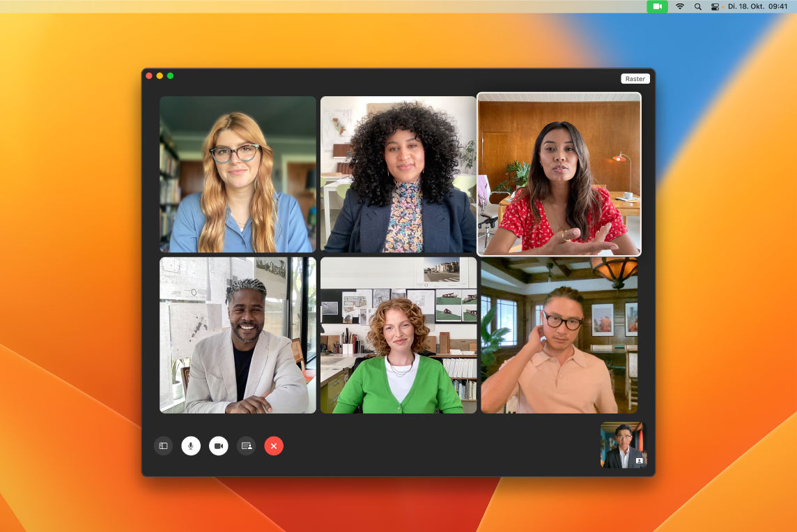 Ein FaceTime-Fenster mit einer Gruppe eingeladener Benutzer:innen.
