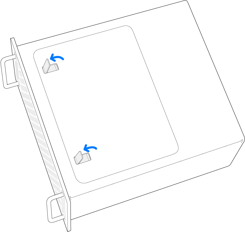 Mac Pro on its side, highlighting how to open the latches on the access panel.