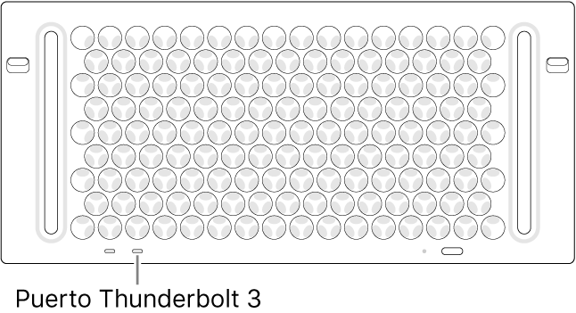 Se muestra la parte superior de la Mac Pro con el puerto Thunderbolt 3 correcto a usar.