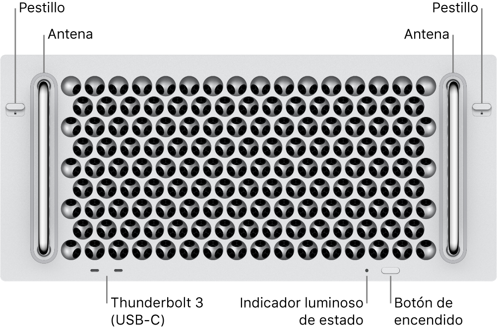 La parte frontal de la Mac Pro mostrando dos puertos Thunderbolt 3 (USB-C), un indicador luminoso del sistema, el botón de encendido y una antena.