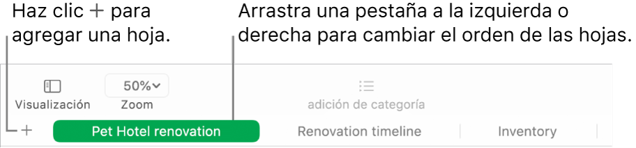 Ventana de Numbers mostrando cómo agregar una hoja nueva y cómo cambiar el orden de las hojas.