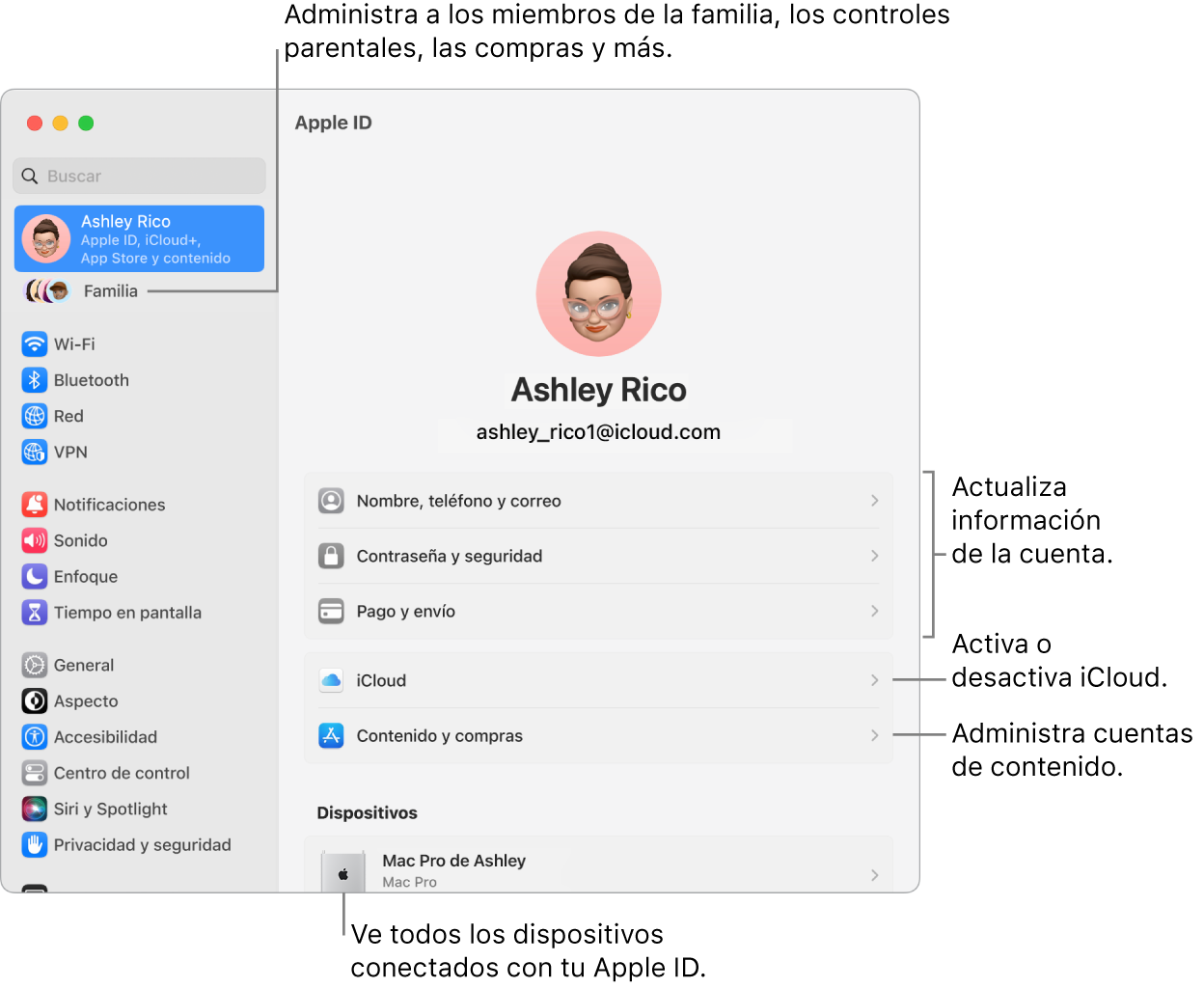 El panel Apple ID en Configuración del Sistema con textos para actualizar la información de la cuenta, activar o desactivar funciones de iCloud, administrar cuentas de contenido, y la sección Familia, donde puedes administrar familiares, controles parentales, compras y más.