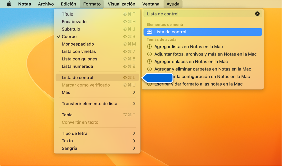 El menú Ayuda mostrando que se buscó “Lista de control” con el comando Lista de control resaltado en el menú Formato.