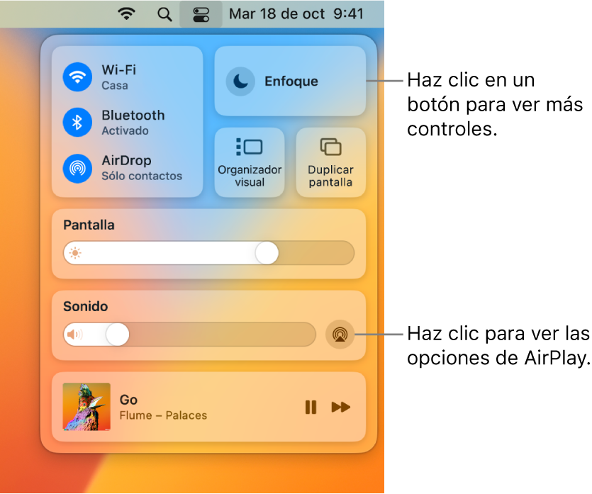Vista con zoom del centro de control en la Mac.