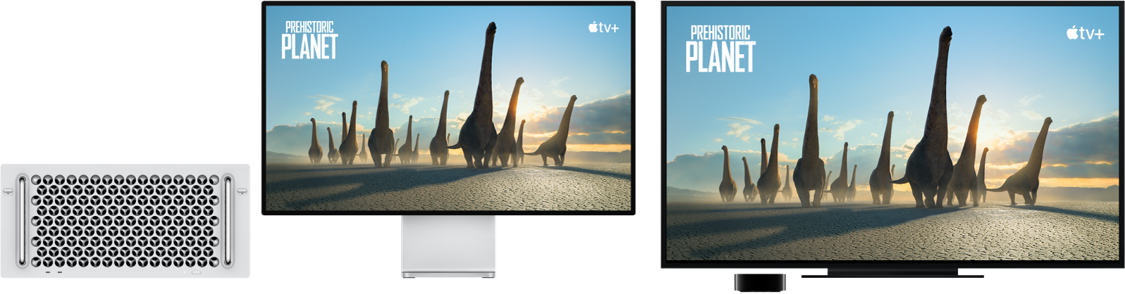 Una Mac Pro con el contenido duplicado en una televisión de alta definición a través de un Apple TV.