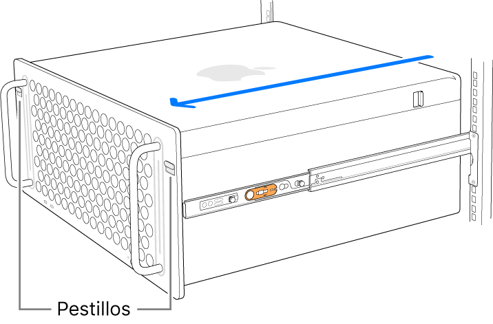 Mac Pro sujetado por rieles montados en un rack.