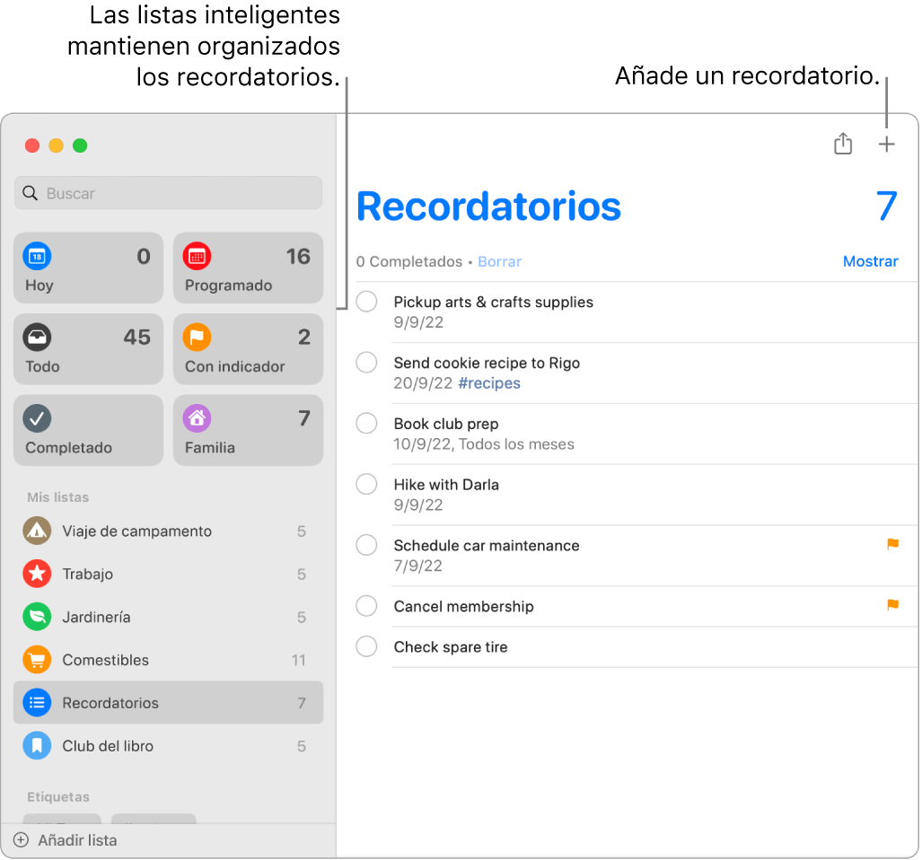 Una ventana Recordatorios con listas inteligentes a la izquierda y otros recordatorios y listas debajo. El puntero está en un recordatorio. Hay llamadas a las listas inteligentes y al botón “Añadir un nuevo recordatorio”.