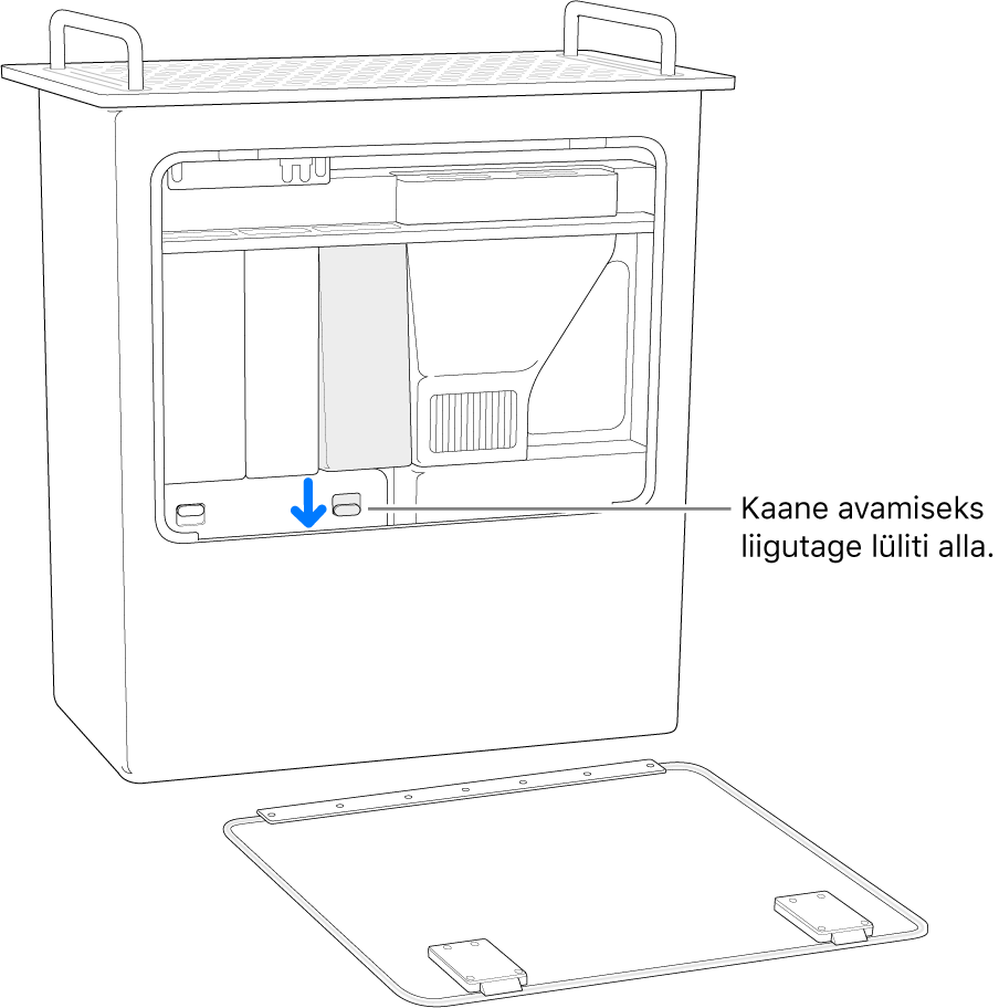 Mac Pro seisab tagaosal ning DIMM-kaane lüliti on tõstetud esile.