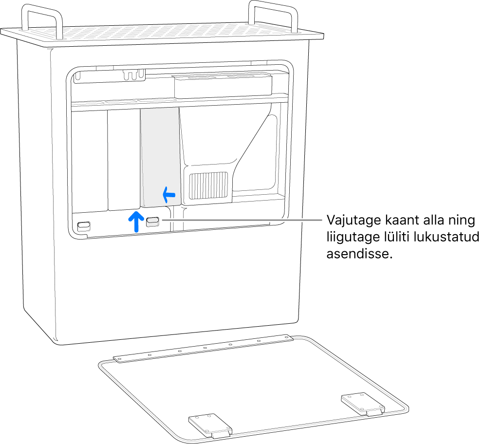 Mac Pro seisab tagaosal ning pildil näidatakse, kuidas lülitada DIMM-lüliti lukustatud asendisse.