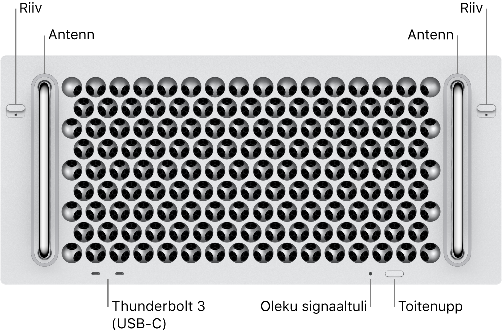 Mac Pro esivaade, millel on kujutatud kahte Thunderbolt 3 (USB-C) porti, süsteemi indikaatortuld, toitenuppu ja antenni.