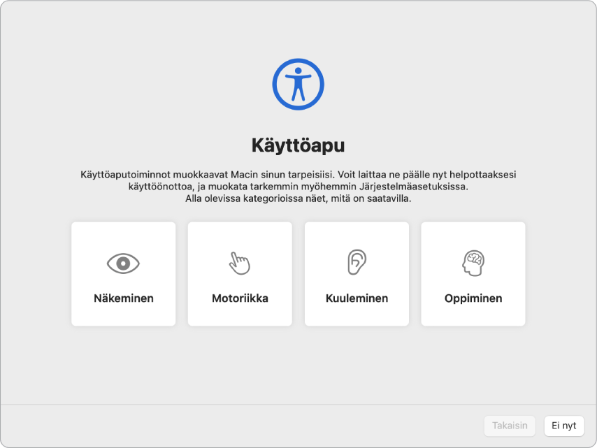 Macin näyttö, jossa näkyy Käyttöapu-valinnat Käyttöönottoapurissa.