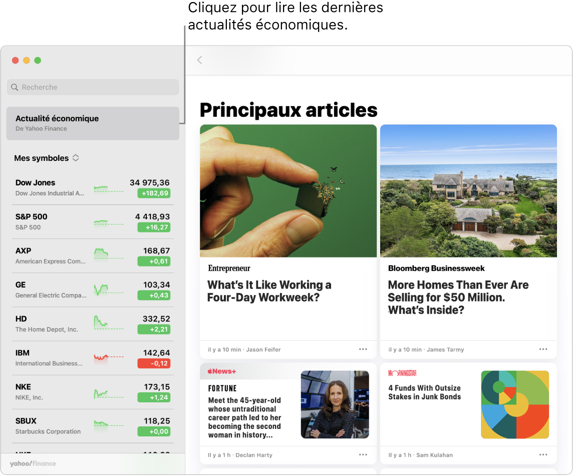 Le tableau de bord de Bourse affichant les cours du marché dans une liste de suivi, accompagnés de « Meilleurs articles ».