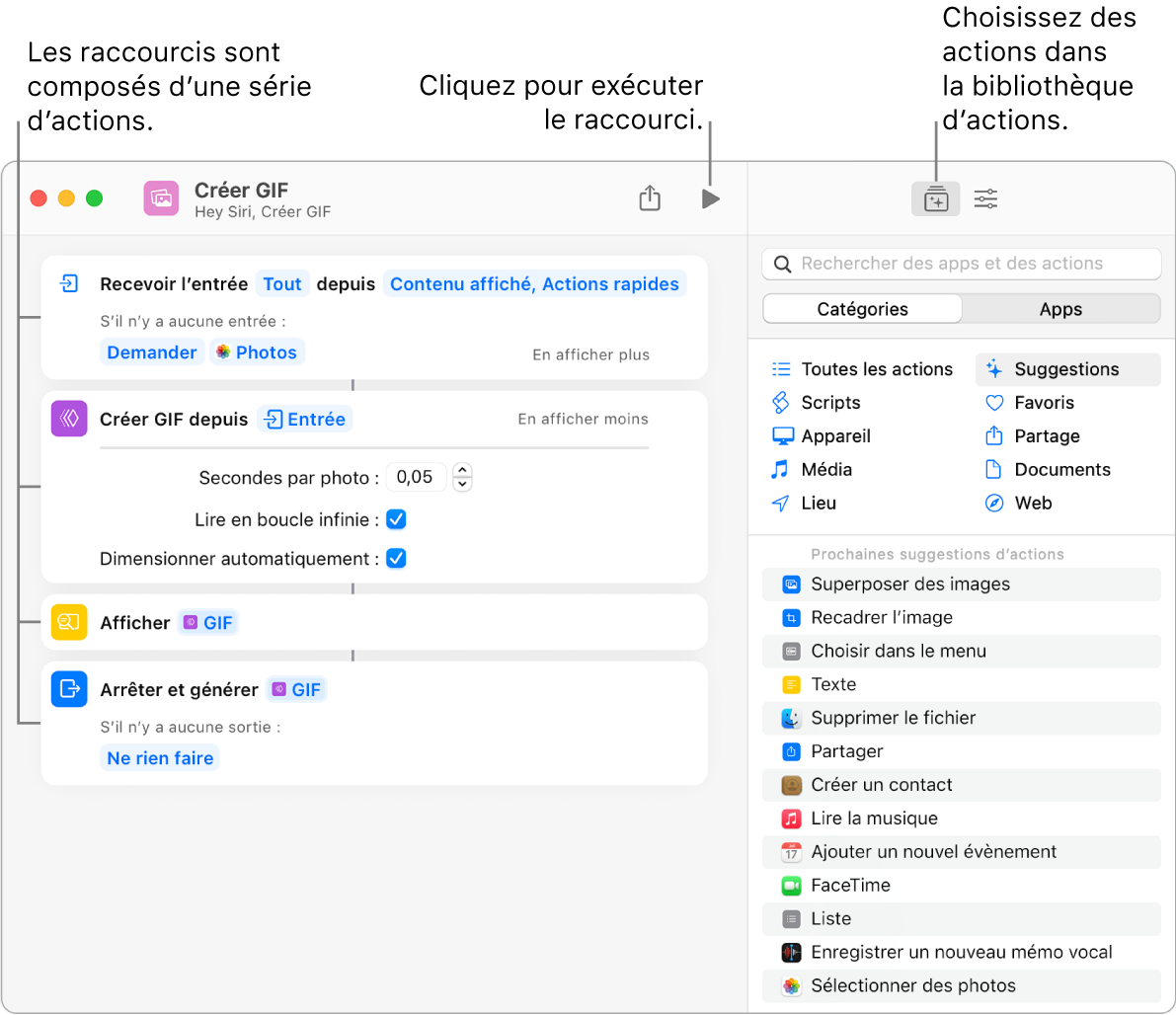 L’éditeur de raccourcis « Créer GIF » sur la gauche et la bibliothèque d’actions sur la droite.
