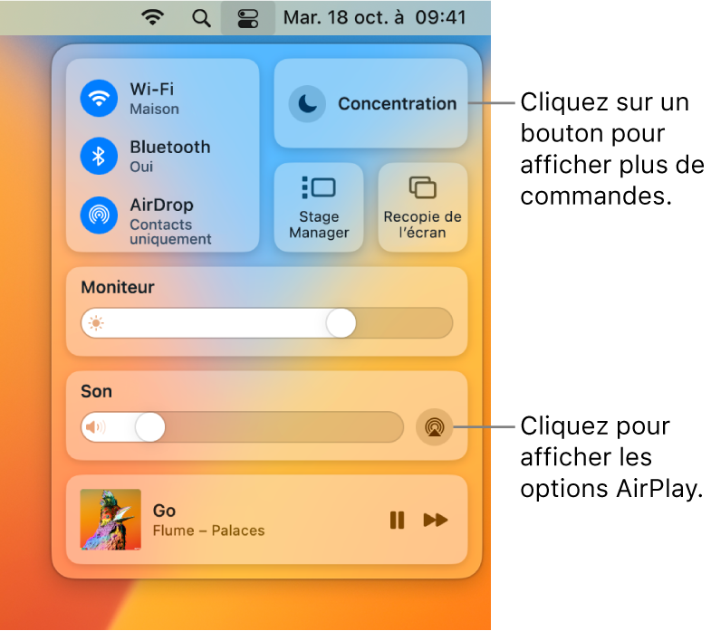 Vue agrandie du centre de contrôle sur votre Mac.