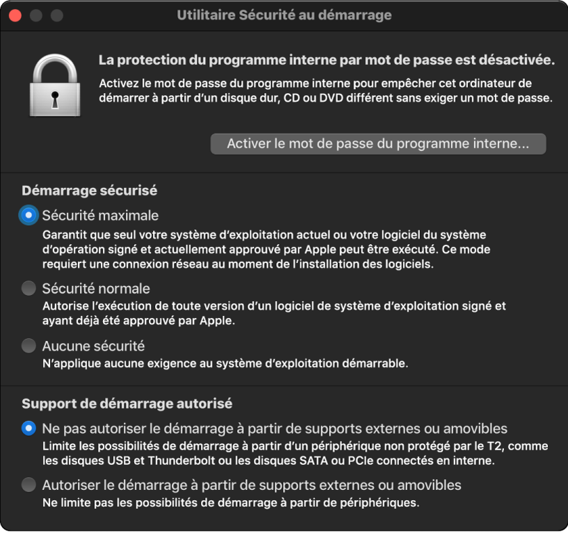 La fenêtre d’Utilitaire Sécurité au démarrage est ouverte avec une option de démarrage sécurisé cochée et une option de démarrage externe cochée.