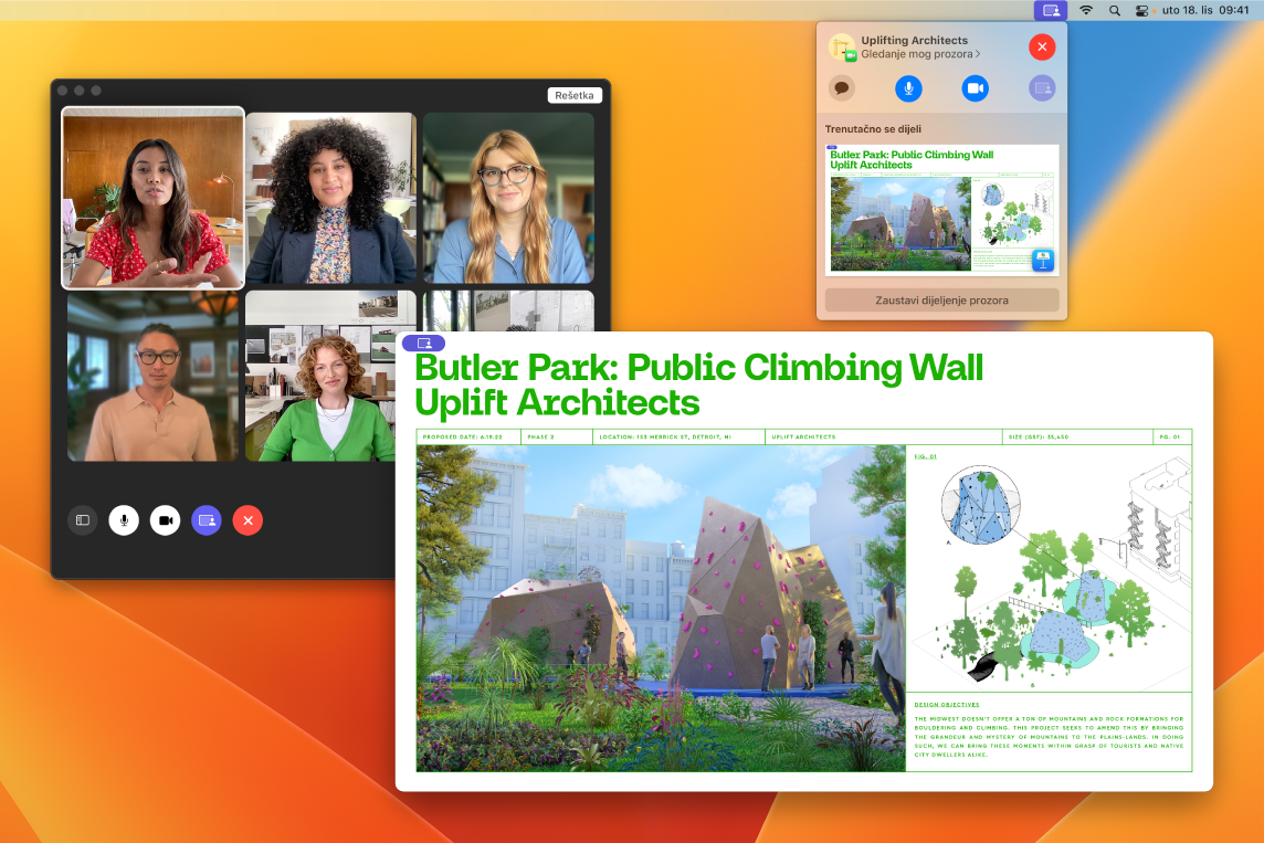 Doživljaj dijeljenja aplikacije s grupom FaceTime sudionika, otvoreni prozor aplikacije Keynote koji gledaju i manji prozor sa SharePlay naredbama.