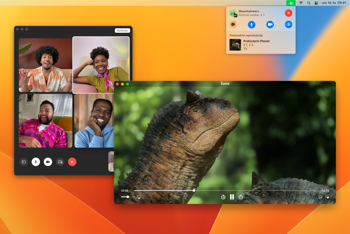 Dijeljena zabava gledanja nudi epizodu serije Prethistorijski planet u prozoru aplikacije Apple TV i gledatelje u prozoru aplikacije FaceTime.