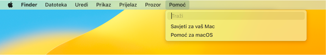 Dio radne površine s otvorenim izbornikom Pomoć, prikazuje opcije izbornika Pretraži i Pomoć za macOS.