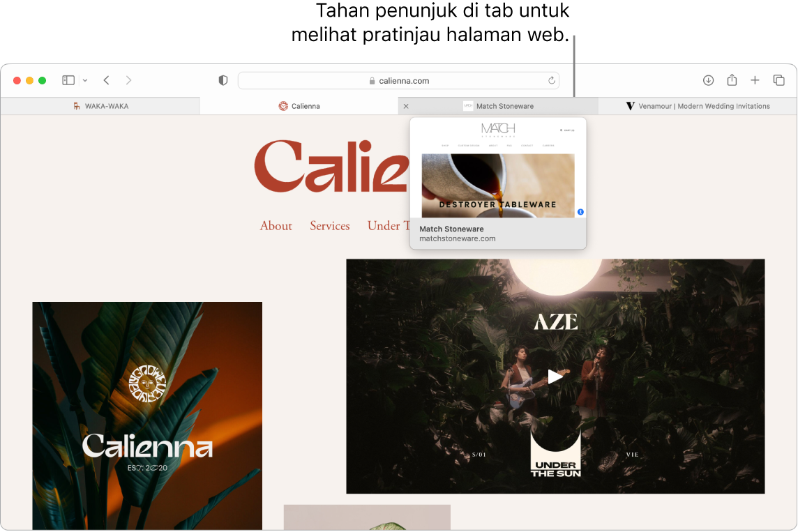 Jendela Safari dengan halaman web aktif berjudul Calienna, beserta 3 tab tambahan, dan keterangan untuk pratinjau tab Match Stoneware dengan teks “Hold the pointer over a tab to see a preview of the webpage”.