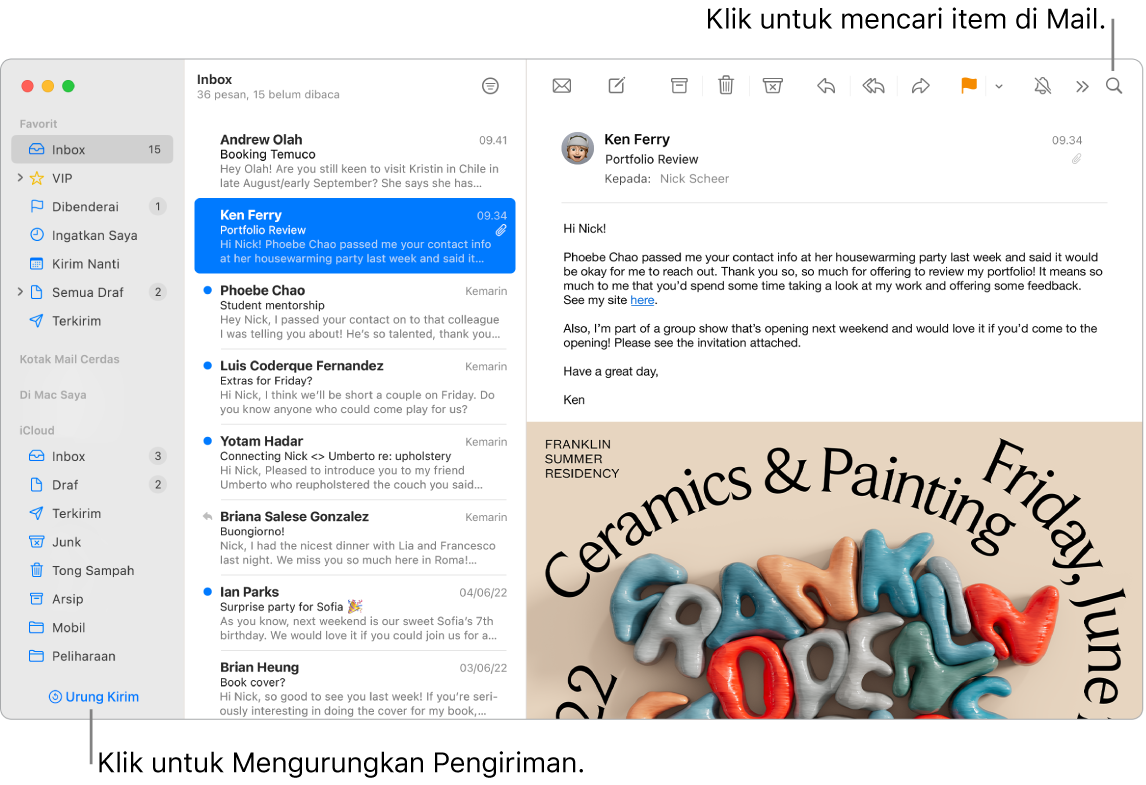 Jendela Mail menampilkan bar samping di kiri dengan Favorit, Kotak Mail Cerdas, dan folder iCloud, daftar pesan di samping bar samping, dan konten pesan yang dipilih di kanan.