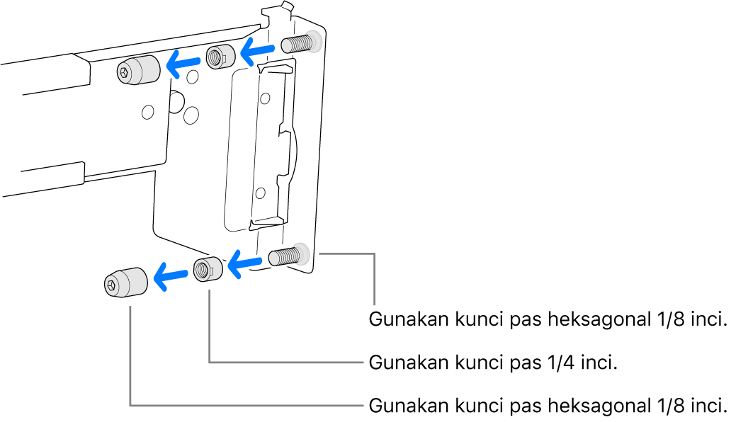 Rangka rel yang dapat dipasang pada rak dengan lubang berulir.