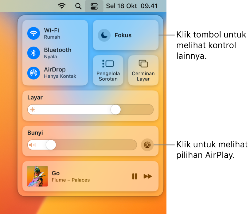 Tampilan Pusat Kontrol yang diperbesar di Mac Anda.