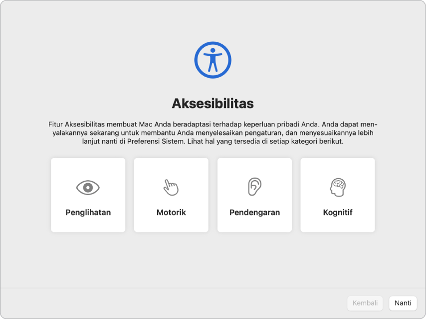 Layar Mac dengan pilihan Aksesibilitas di Asisten Pengaturan.