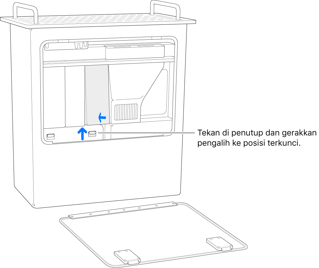 Mac Pro berdiri dengan bertumpu di bagian ujung, menampilkan cara mengubah pengalih DIMM ke posisi terkunci.