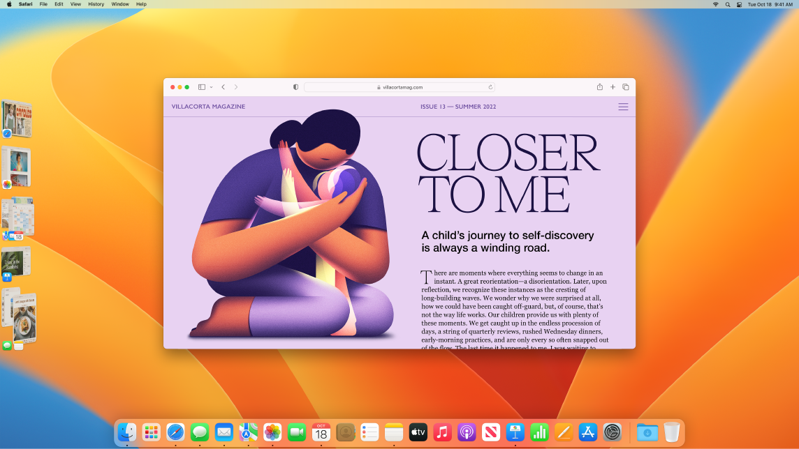 Негізгі бетте Safari экранымен Stage Manager опциясын, ал сол жағында басқа қолданбаларды көрсетіп тұрған экран.