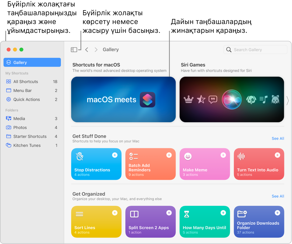 Сол жағында бүйірлік жолақ ашық, ал оң жағында Gallery терезесі бар Shortcuts терезесі. Sidebar түймесі мен шарлау көрсеткілері Gallery терезесінің жоғарғы жол жағында, ал іздеу өрісі жоғарғы оң жақта орналасқан.