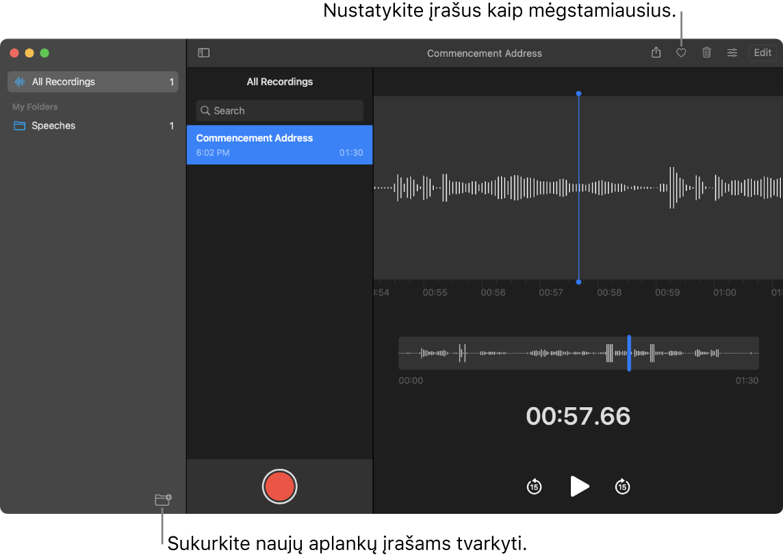 „Voice Memos“ langas, rodantis, kaip kurti naujus aplankus arba įtraukti įrašą į mėgstamiausiųjų sąrašą.