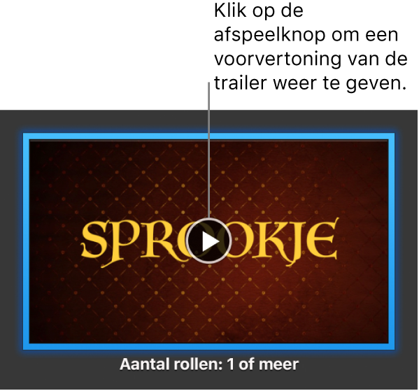 Het iMovie-trailerscherm met daarin de afspeelknop.